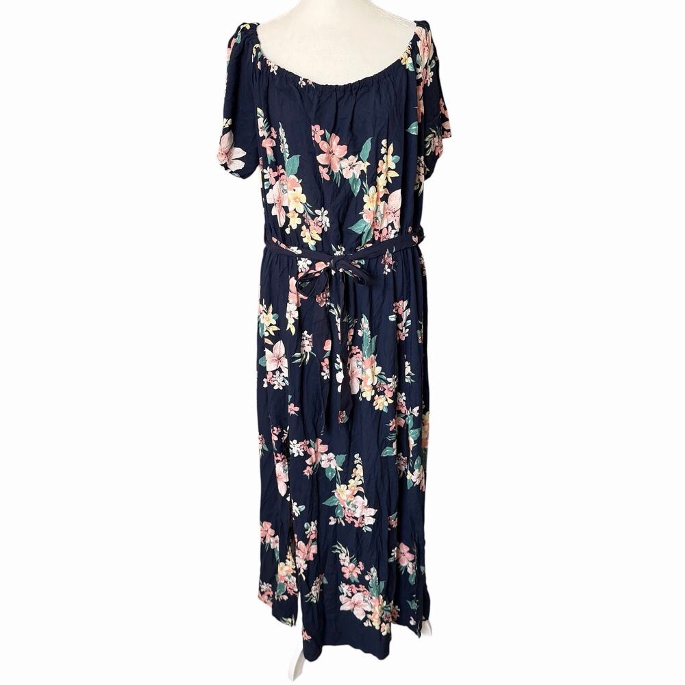 NWT Liberty Love Womens Plus 3XL Maxi Dress Dark Blue Floral Slits Long Flowy